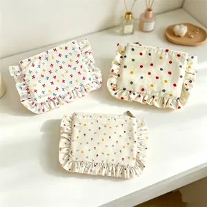 Cute Ruffle Cosmetic Bag Small Floral Makeup Pouch Sweet Travel Storage Handbag Style