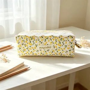 Korean style floral pencil case with lace trim, cute stationery and makeup storage pouch