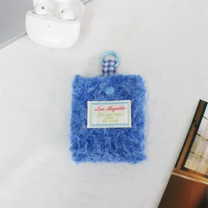 Mini portamonete e custodia per auricolari in peluche blu con passante, ricamo dettagliato.