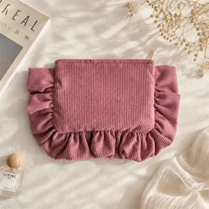 Solid corduroy ruffled makeup bag portable large capacity cute cosmetic storage pouch