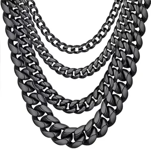 Black stainless steel Cuban link chain necklace, layered thick metal choker for men and women.