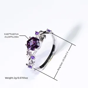 925 Sterlingsilber Lila Strass Rebe Blatt Offener Ring Für Frauen Elegant Süß Pflanze Geometrisch Verstellbarer Fingerring Schmuck Geschenk