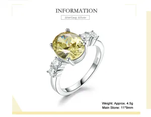 S925 Sterling Silber Ring mit gelbem ovalen Hauptstein und funkelnden Zirkonsteinen.