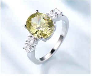 S925 Sterling Silber Ring mit luxus ovalem gelben Kristall und funkelnden Zirkon Steinen.