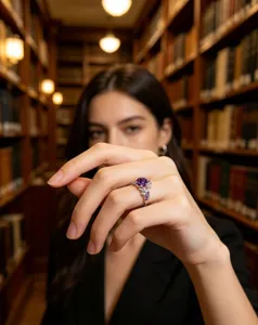 Nahaufnahme eines Sterlingsilber Amethyst Rings mit einem exquisiten Blattmuster Design.