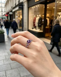Detailansicht eines Sterlingsilber Amethyst Rings mit zartem Blumenranken Design.