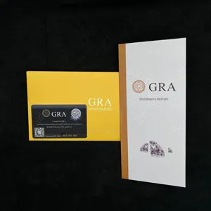 Officiële GRA moissaniet certificaat kaart en rapport set voor verificatie van sieraden.