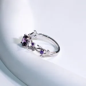 S925 Sterling Silber Lila Kristall Ring Elegantes Blatt Design Schmuck Geschenk für Frauen