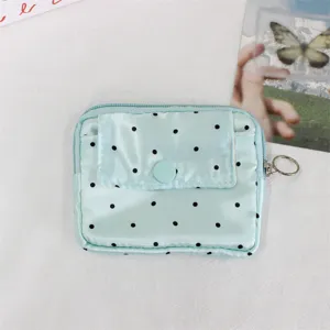 Close-up detail of the light blue polka dot coin purse showing snap button and zipper.