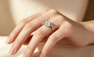 Nahaufnahme eines Silberrings mit funkelndem runden Stein und feinen Pave-Diamanten.