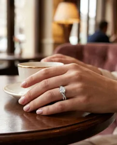 Exquisites Detailbild eines gedrehten Diamantrings, funkelndes Silberband und Stein.