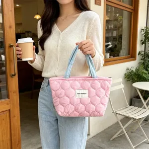 Korean style quilted handbag pink tote bag casual commuter lunch bag cute makeup storage pouch