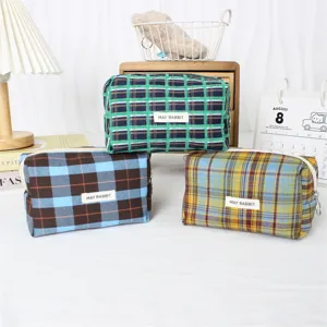 Trousse a crayons a carreaux retro trousse de maquillage multifonctionnelle rangement de papeterie