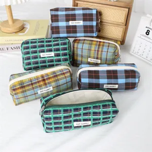 Trousse à crayons en toile à carreaux mignonne papeterie sac de rangement maquillage