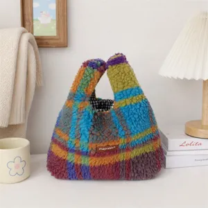 Gemütliche bunte karierte Plüschhandtasche süße Winter Handtasche weiche Plüsch Tasche Damen