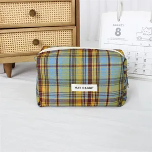 Trousse a crayons a carreaux retro et sac de rangement cosmetique multifonctionnel etudiant.