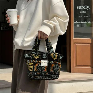 Borsa mini tote in morbido peluche etnica retrò da donna, comoda borsa invernale con manico.