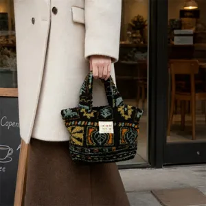 Borsa a mano in peluche stile etnico retro, piccola borsa tote invernale con manici per donna.