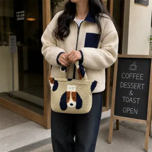 Borsa shopper mini in morbido peluche autunno inverno per donna, borsa con cagnolino.