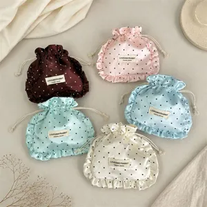 Ins Style Satin Polka Dot Drawstring Pouch Ruffle Storage Bag for Jewelry Cosmetics Gift
