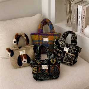 Graziosa borsa a mano in peluche invernale vintage quadri motivo cane mini tote borsa soffice