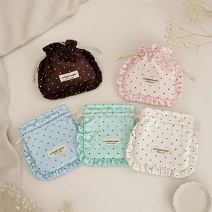 Satin Ruffle Polka Dot Drawstring Bag Polyester Travel Pouch Jewelry Makeup Organizer Gift Storage Bag For Women