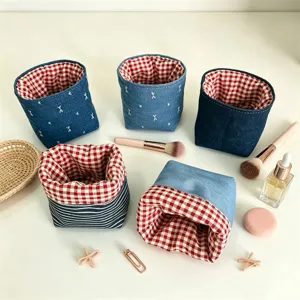 Stoff Aufbewahrungskörbe aus Jeans mit Karofutter, ideal für Kosmetik und Schreibtisch Ordnung.