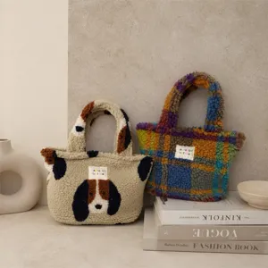 Borsa in peluche autunno inverno simpatico cucciolo motivo quadri retro mini tote bag soffice.