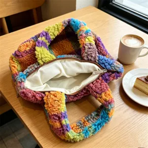 Borsa a mano in peluche colorata autunno inverno stile retrò mini borsa tote da donna portatile chic