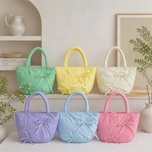 Borsa tote trapuntata colorata con fiocco, elegante borsa casual da donna per tutti i giorni.