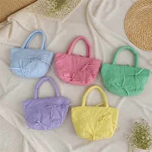 Borsa a mano plissettata colorata dopamina, borsa tote monocolore minimalista con fiocco per lavoro.