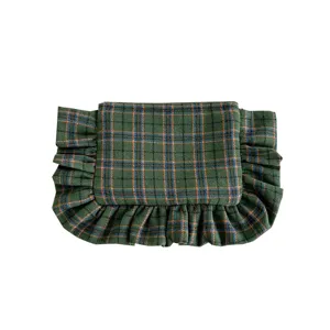 Vintage plaid ruffle cosmetic bag for women, stylish large capacity portable storage pouch.