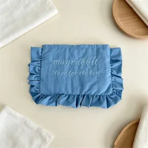 Detailansicht einer süßen blauen Nylontasche mit Rüschen und schönen gestickten Buchstaben.