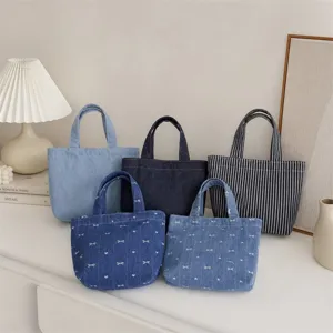 Mini Bolso de Mano de Denim Retro Simple para Mujer Estudiante Bolso Tote Pequeño para Viaje Diario Bolsos de Almuerzo Lazo