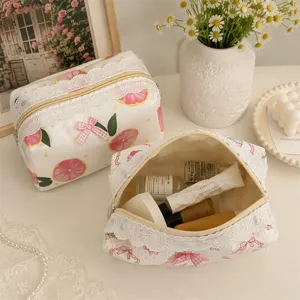 Detail view of ins-style cute floral makeup bag with lace trim, bow and large capacity storage.