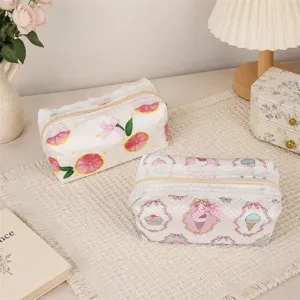 Cute lace makeup bag and large capacity pencil case with sweet bowknot design for students daily use.