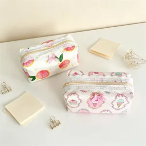 Ins style cute lace cosmetic bag, large capacity canvas pencil pouch with sweet bow and print.