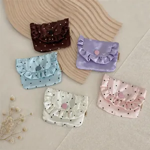 Korean style satin ruffled coin purse with polka dot bow print cute card holder bag