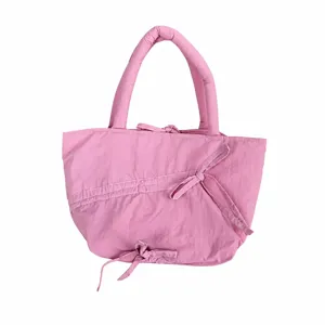Borsa tote plissettata rosa da donna, elegante borsa monocolore con fiocco, grande capacità