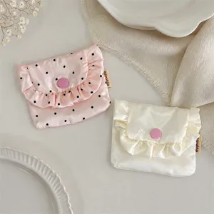 Korean style satin ruffled coin purse, cute polka dot and bow print card wallet for women.