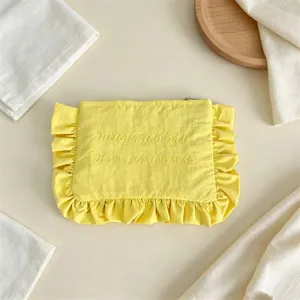Detailansicht einer gelben Nylon-Kosmetiktasche mit feinen Stickereien und süßen Rüschen.