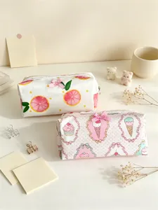 Cute aesthetic makeup pouch large capacity pencil case with lace bow for student use.