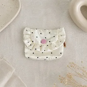 Korean style satin ruffled flap coin purse with polka dots, mini portable card and lipstick bag.
