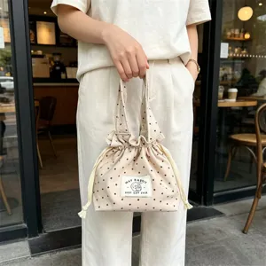 Bolso de mano cordón lona detalle, estilo cubo estampado estrellas, cartera casual.