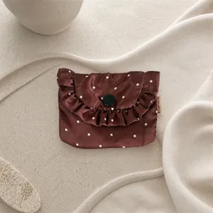 Korean style satin ruffled coin purse with cute polka dots for cards and earphones.