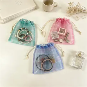 Organza karierte Kordelzugbeutel transparente Netztuch Schmuck Staubdichte Geschenktüten