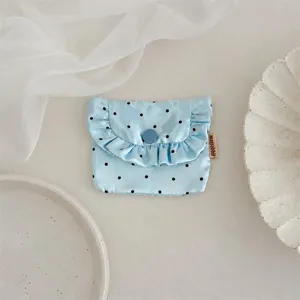 Korean style satin polka dot ruffled coin purse with button closure, mini compact makeup bag.