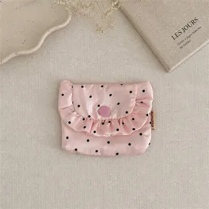 Korean satin ruffled flap coin purse with cute polka dots, ideal for cards, small items and daily use.