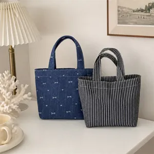 Mini bolso de lona, patron de lazo de mezclilla y rayas, bolsa de almuerzo diaria.