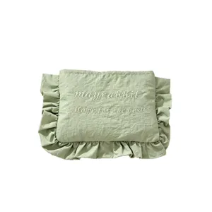 Grüne gesteppte Kosmetiktasche mit süßen Rüschen, große Nylon Make-up Tasche wasserdicht.